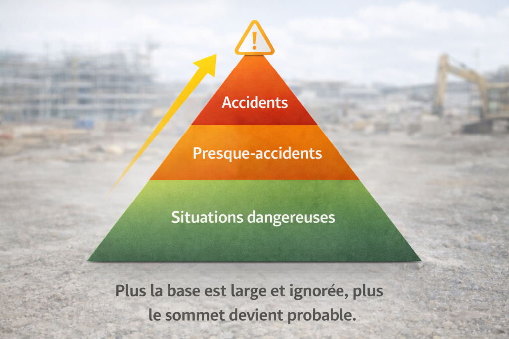 Pyramide de la sécurité montrant, de bas en haut, les « situations dangereuses », les « presque-accidents » puis les « accidents », avec une flèche ascendante et un pictogramme de danger au sommet, sur un chantier flou en arrière-plan.