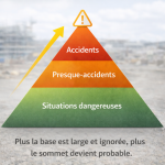 Pyramide de la sécurité montrant, de bas en haut, les « situations dangereuses », les « presque-accidents » puis les « accidents », avec une flèche ascendante et un pictogramme de danger au sommet, sur un chantier flou en arrière-plan.